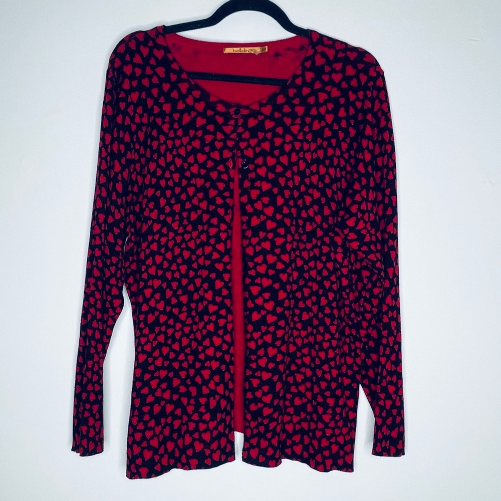Belldini Plus Size Red and Black Heart print button front sweater size 0X